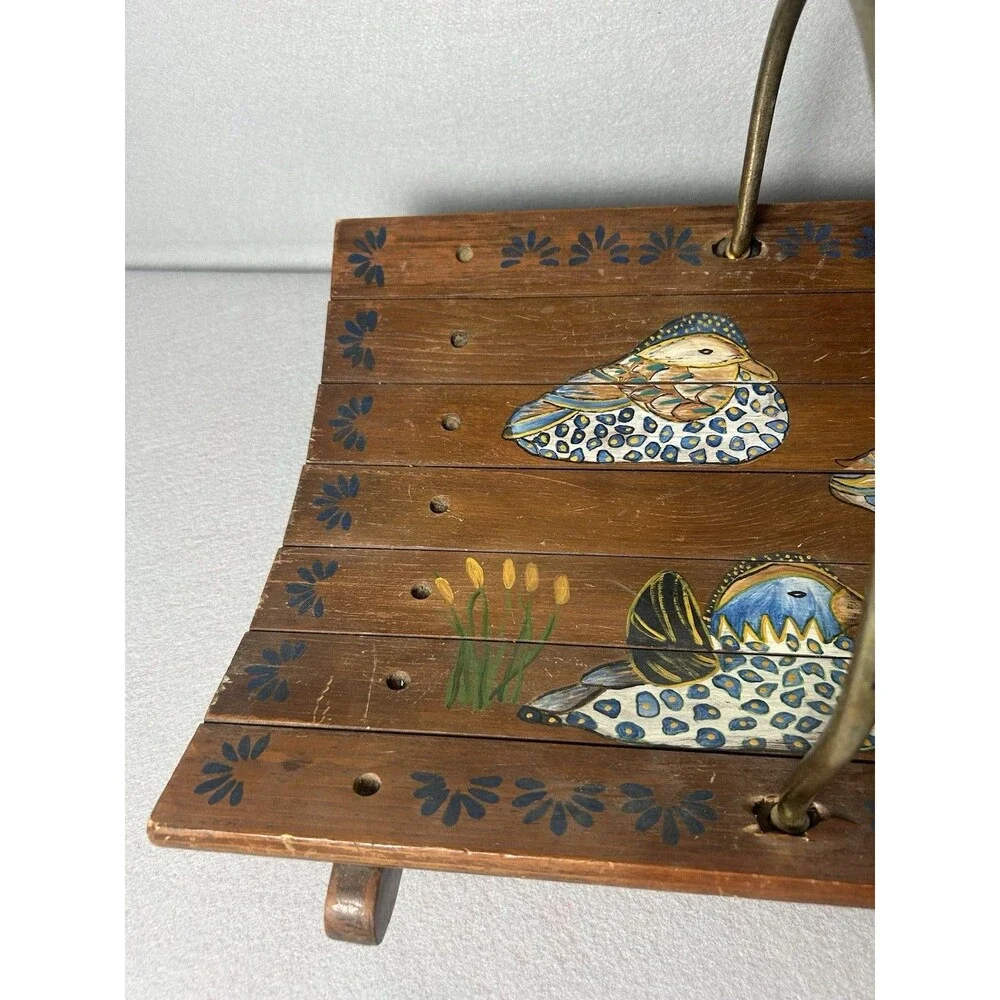 VTG Handmade Hand Painted Mallard Duck‎ Magazine Fireplace Basket Metal Handle